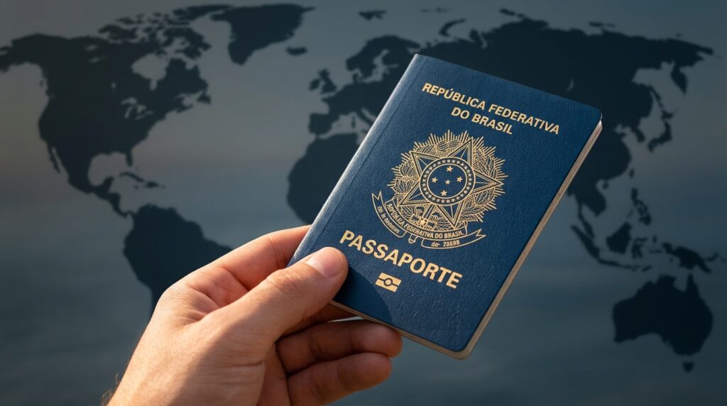 Mão segurando o passaporte brasileiro aberto em destaque com um mapa-múndi ao fundo, ilustrando viagens internacionais sem visto.
