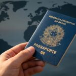 Mão segurando o passaporte brasileiro aberto em destaque com um mapa-múndi ao fundo, ilustrando viagens internacionais sem visto.