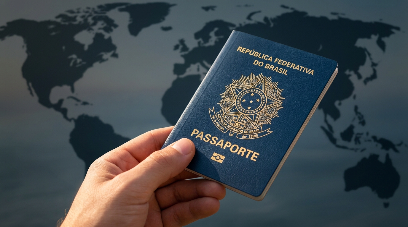 Mão segurando o passaporte brasileiro aberto em destaque com um mapa-múndi ao fundo, ilustrando viagens internacionais sem visto.